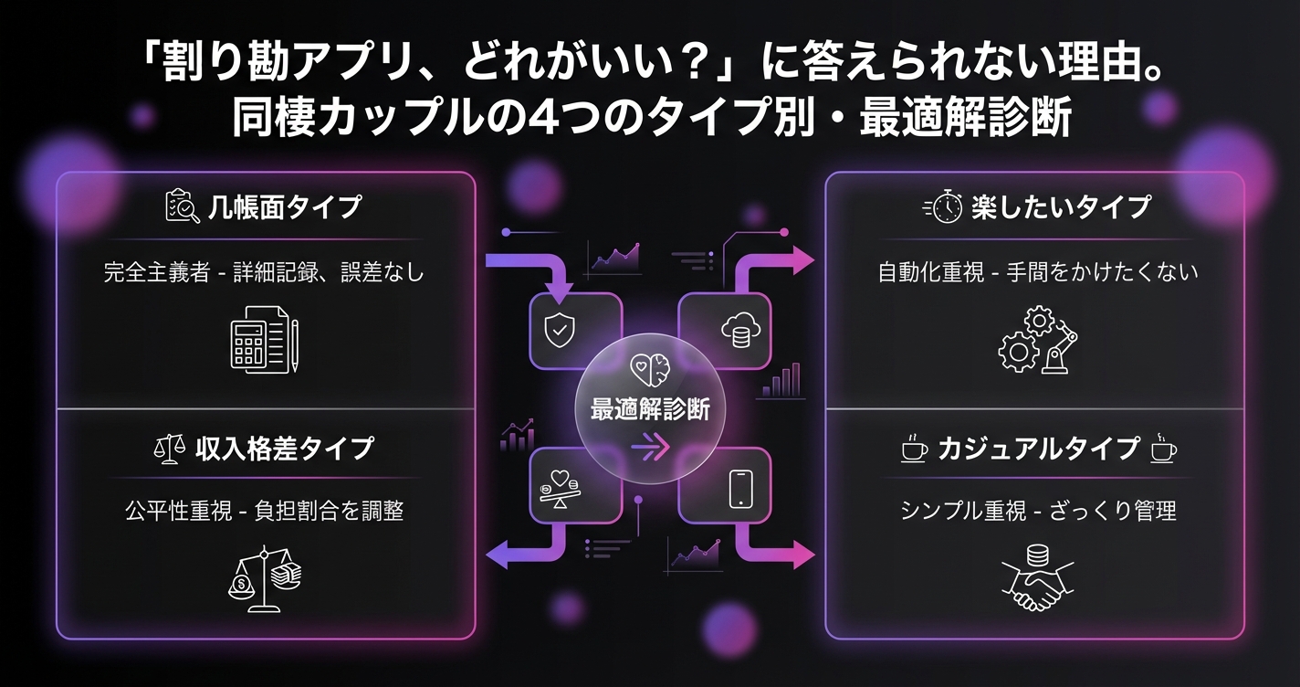 「割り勘アプリ、どれがいい？」に答えられない理由。同棲カップルの4つのタイプ別・最適解診断のアイキャッチ画像 - アプリ比較に関する記事