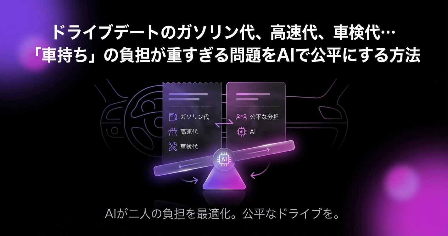 ドライブデートのガソリン代、高速代、車検代…「車持ち」の負担が重すぎる問題をAIで公平にする方法のアイキャッチ画像 - 同棲・カップルに関する記事