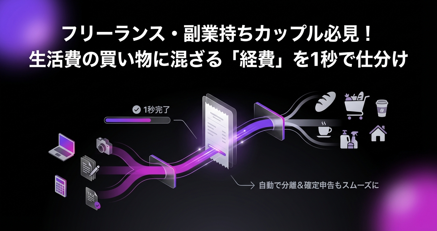 フリーランス・副業持ちカップル必見!生活費の買い物に混ざる「経費」を1秒で仕分けて、確定申告を楽にする方法のアイキャッチ画像 - 家計管理・レシートに関する記事