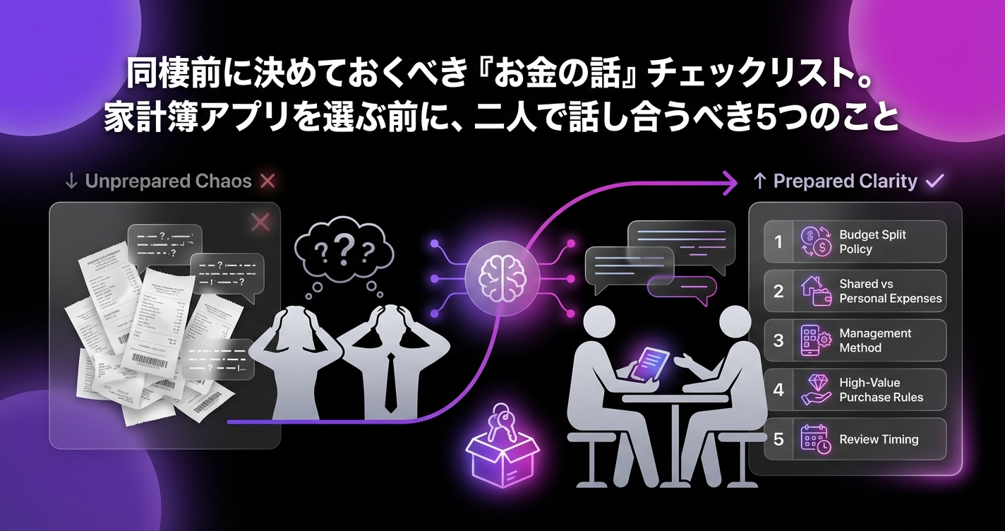 同棲前に決めておくべき『お金の話』チェックリスト。家計簿アプリを選ぶ前に、二人で話し合うべき5つのことのアイキャッチ画像 - 同棲・カップルに関する記事