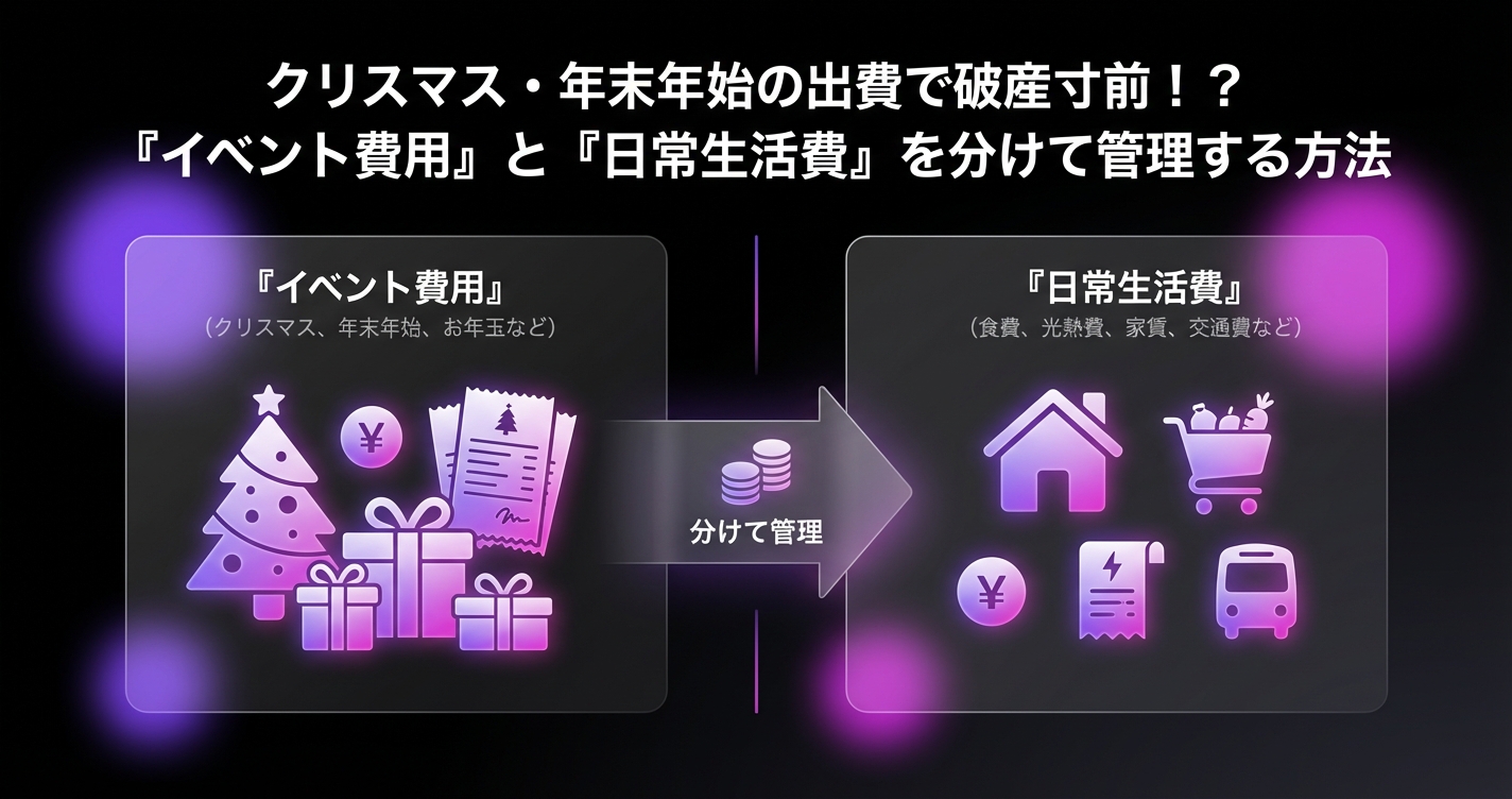 クリスマス・年末年始の出費で破産寸前!?『イベント費用』と『日常生活費』を分けて管理する方法のアイキャッチ画像 - 家計管理・レシートに関する記事